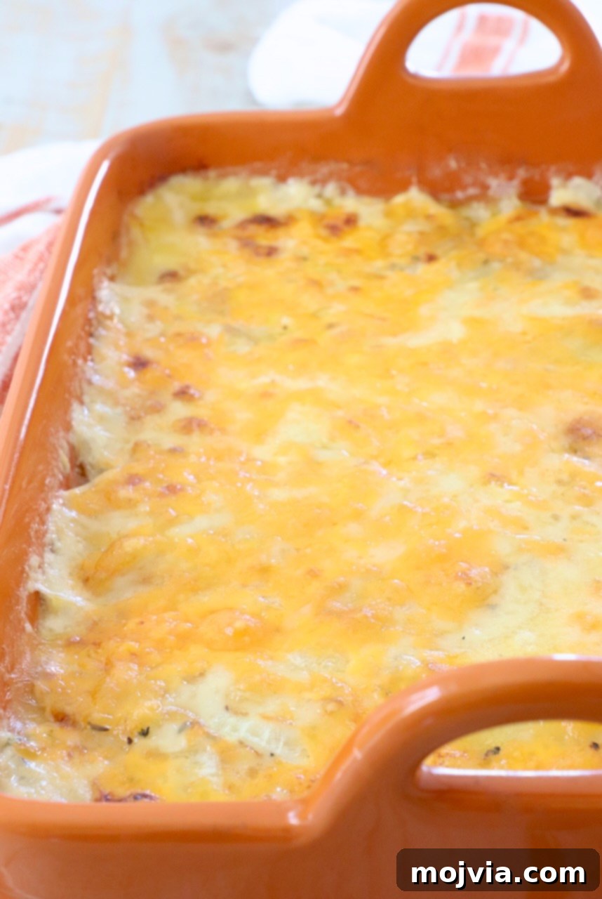 Ultimate Cheesy Potato Bake 10 cheesy au gratin potatoes in an orange casserole dish