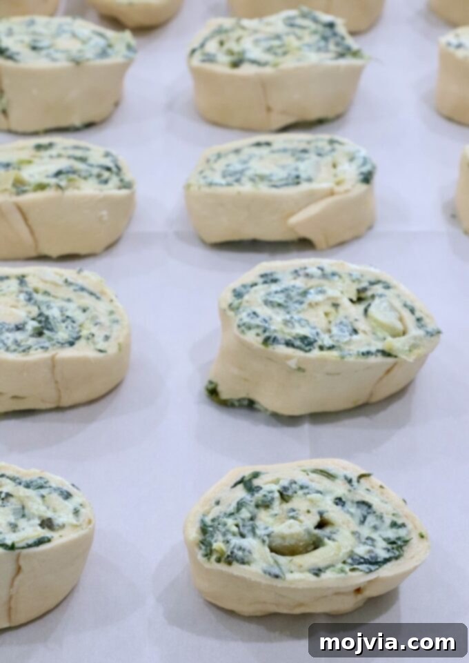 Savory Spinach Swirls 5 Uncooked spinach pinwheels neatly arranged on a parchment-lined baking sheet, awaiting their buttery finish