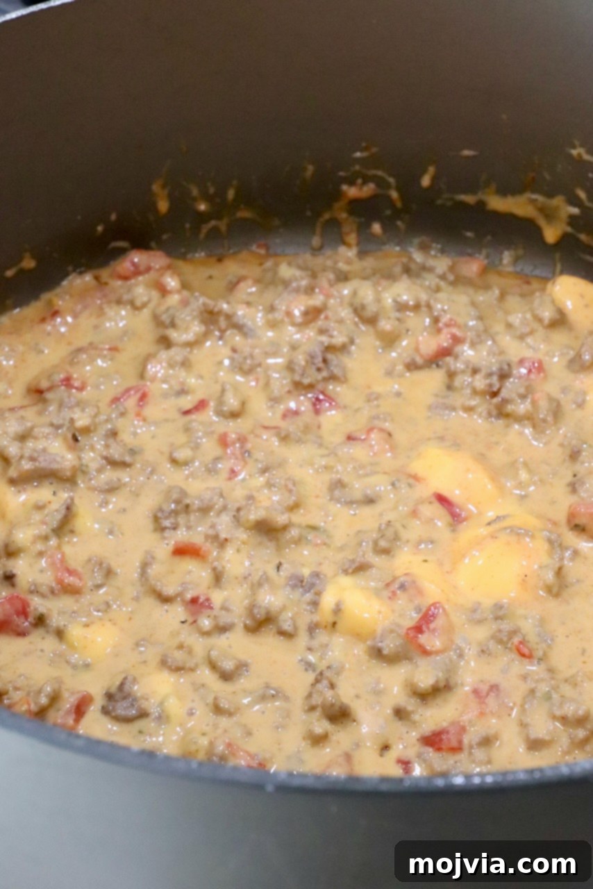 Irresistible Party Queso 4 velvetta rotel dip in a large pot on the stove