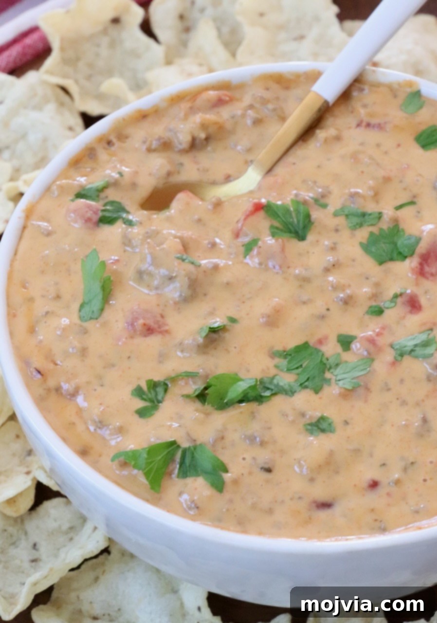 Irresistible Party Queso 6 rotel queso dip in a bowl with a spoon