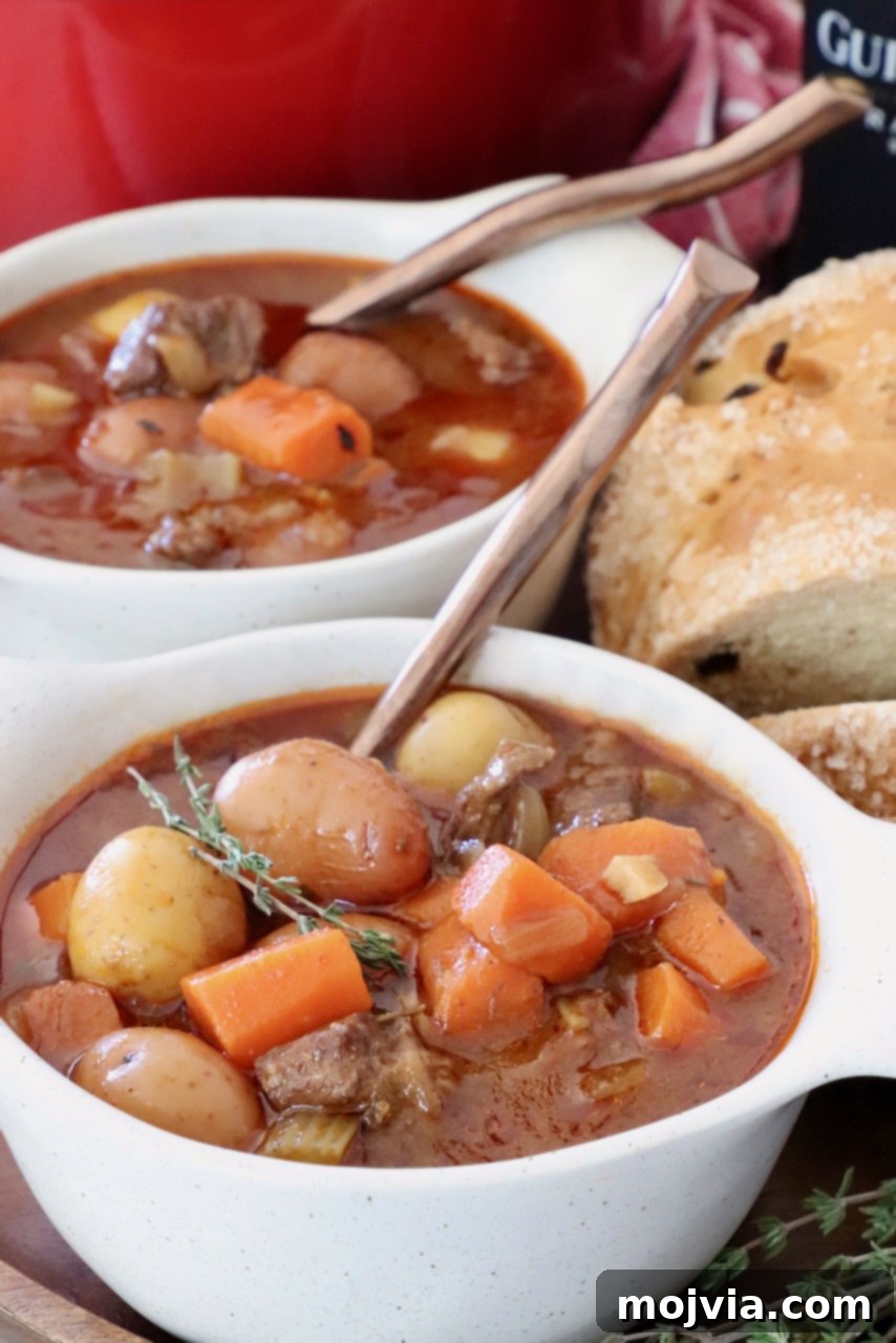 Two bowls of traditional Irish stew with spoons, ready to be enjoyed