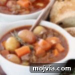 Irish stew with potatoes and carrots in a bowl with a spoon
