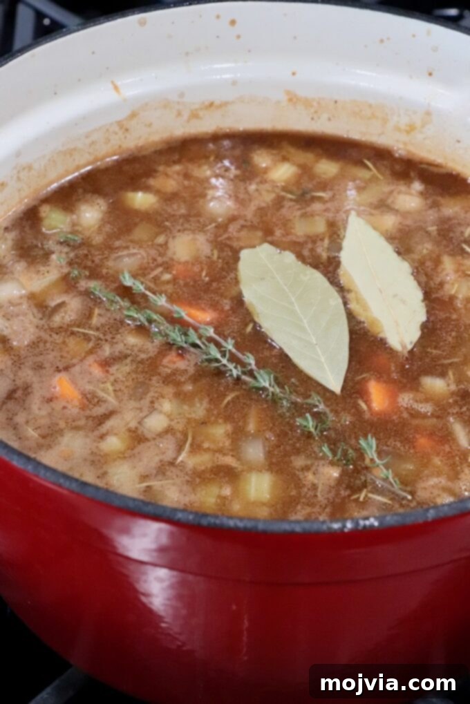 The rich, bubbly Irish stew after two hours of slow braising in the oven