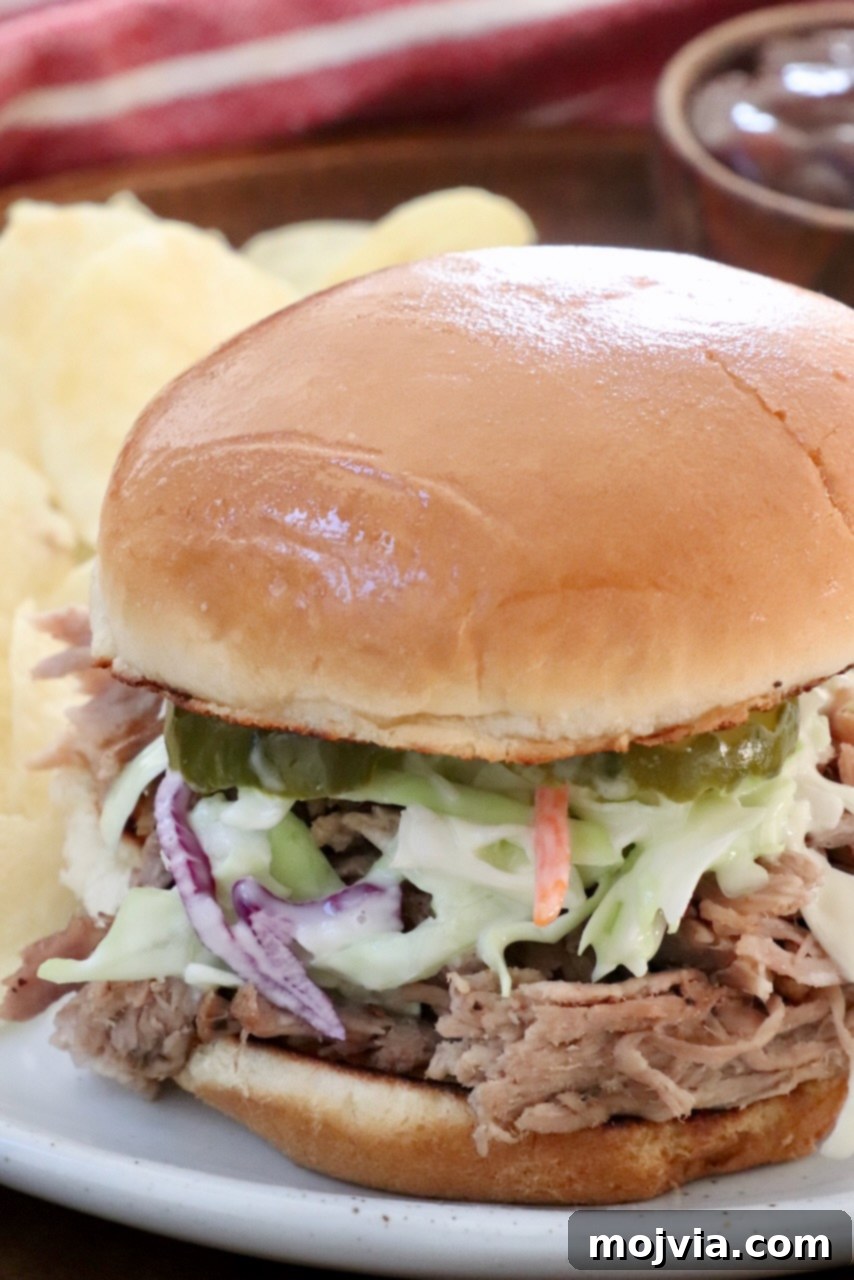 pulled pork sandwich on a plate topped with coleslaw