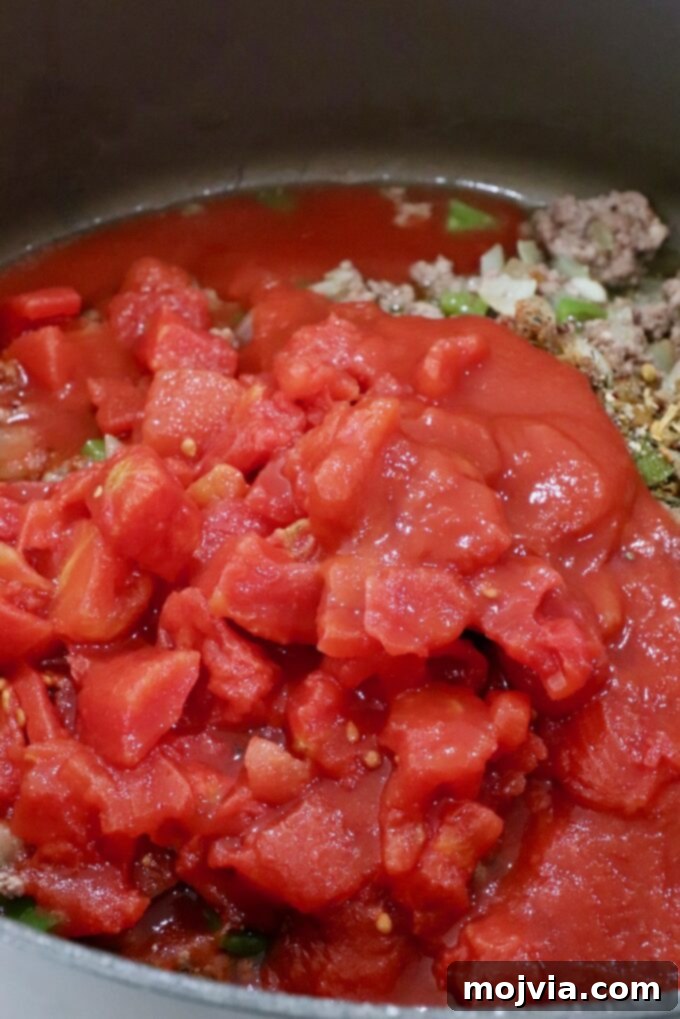 Diced tomatoes and tomato sauce added to the seasoned ground beef and vegetable mixture in a large pot.