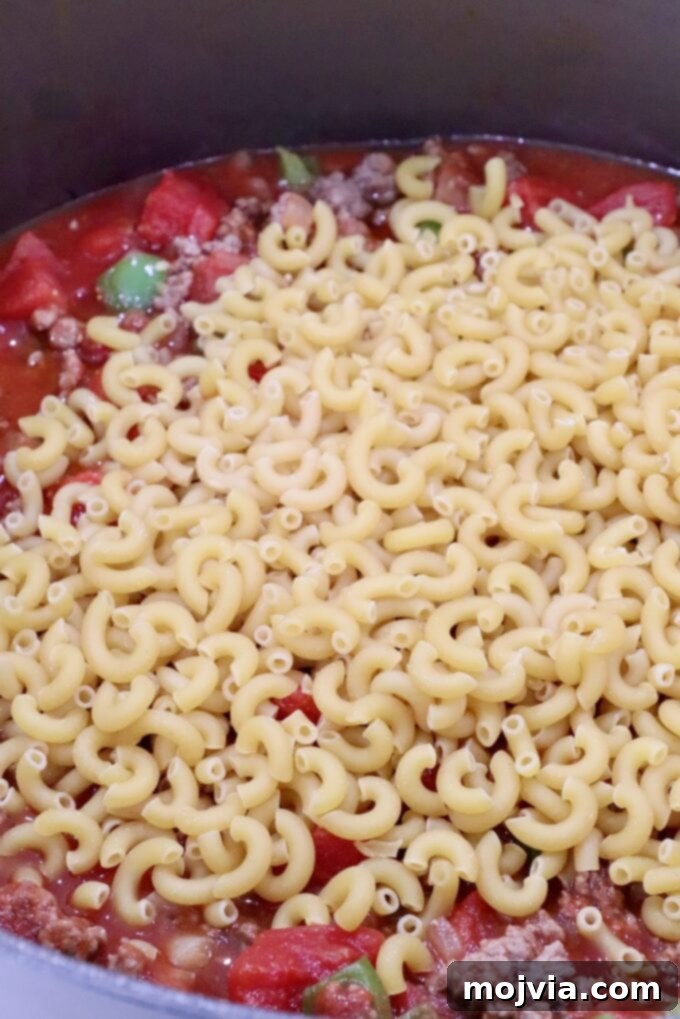 Uncooked macaroni noodles being added to the tomato and beef mixture in the pot.