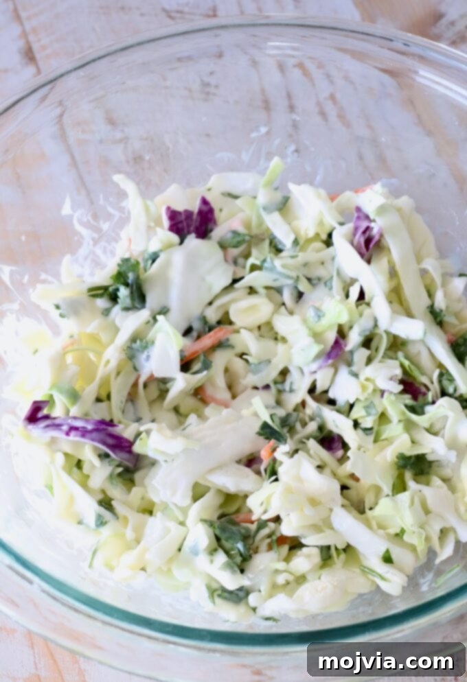 Asian Chicken Wonton Tacos 5 Freshly prepared coleslaw, a vibrant mix of shredded cabbage, carrots, and cilantro, in a clear glass bowl