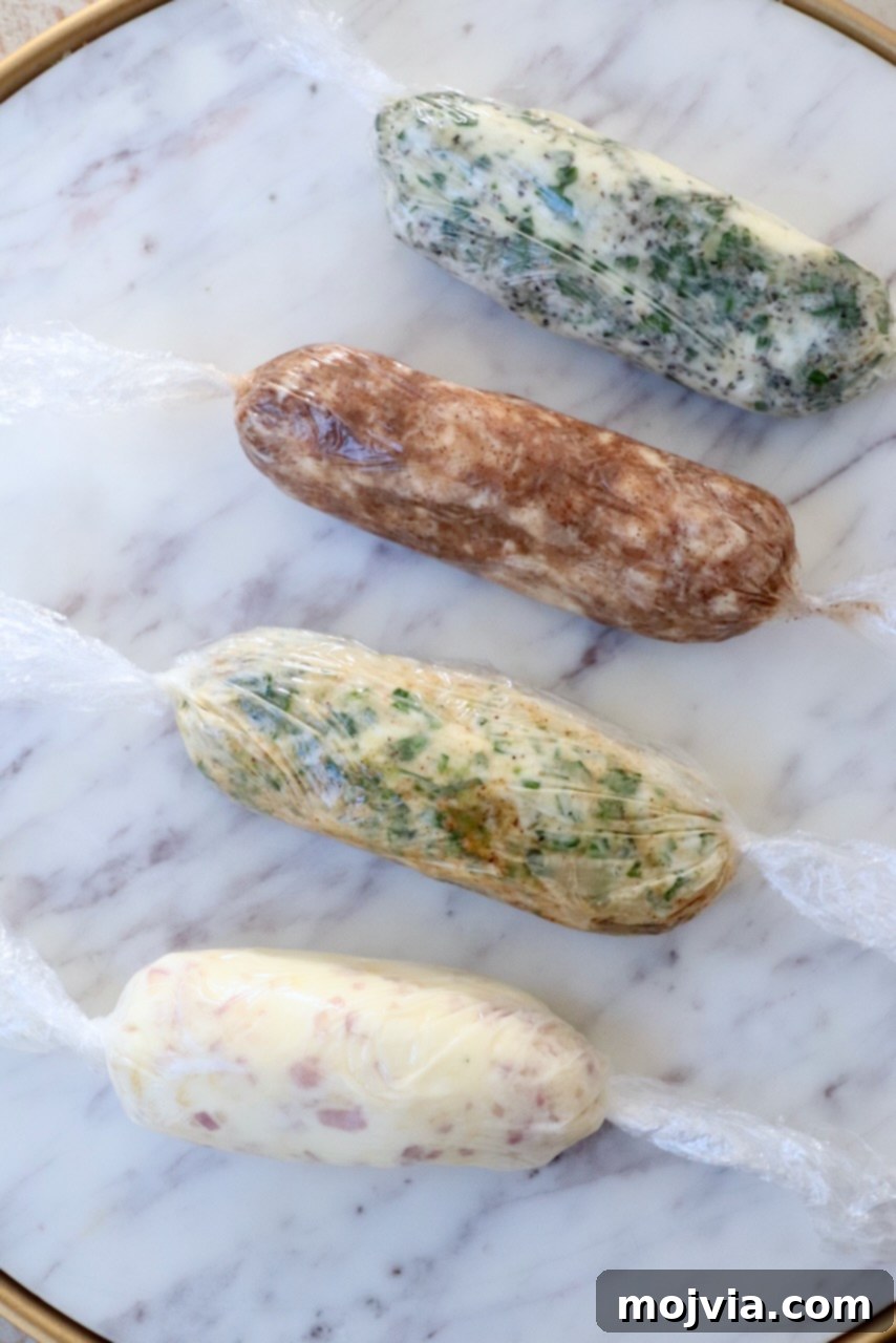 Butter Infusions 8 different types of compound butter wrapped up in plastic wrap on a marble serving tray