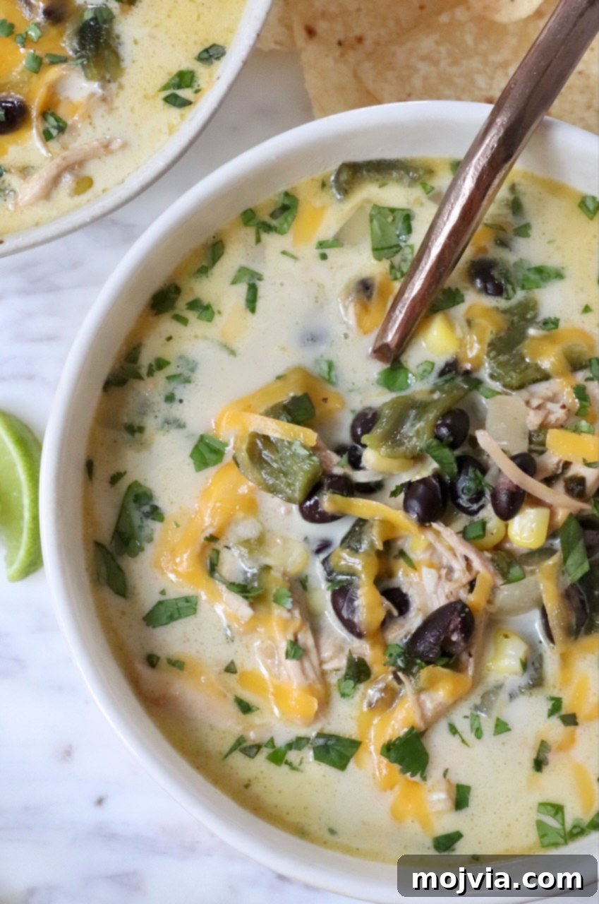 Roasted Poblano Chicken Soup 2 A steaming bowl of creamy Chicken Poblano Soup, garnished with fresh cilantro and a lime wedge, promising a comforting and flavorful experience.