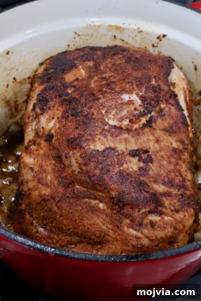 seasoned seared pork shoulder in a large cast iron pot