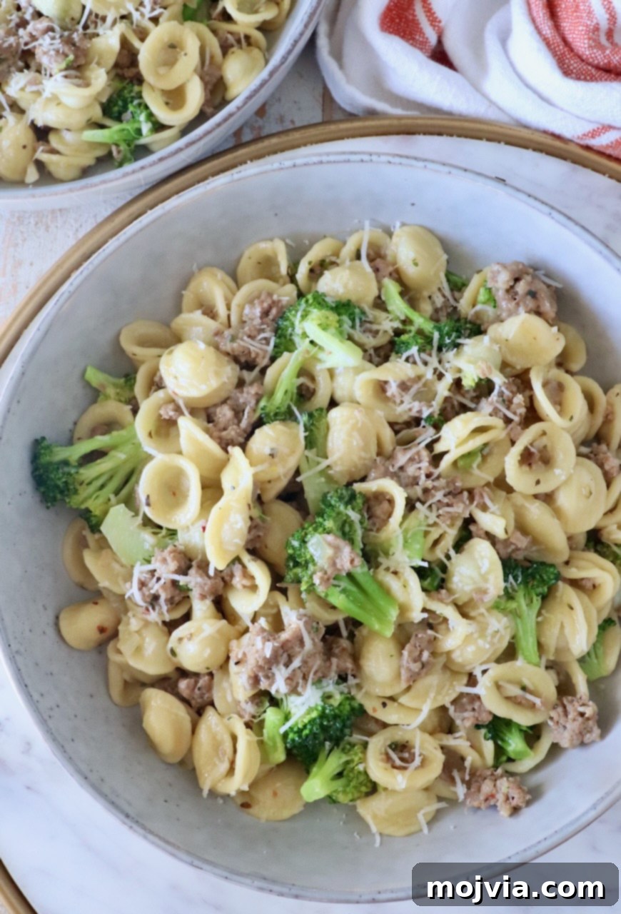 Savory Sausage and Broccoli Orecchiette 10 cooked orecchiette pasta with broccoli and Italian sausage in a bowl