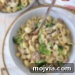 cooked orecchiette pasta with broccoli and Italian sausage in a bowl with a fork