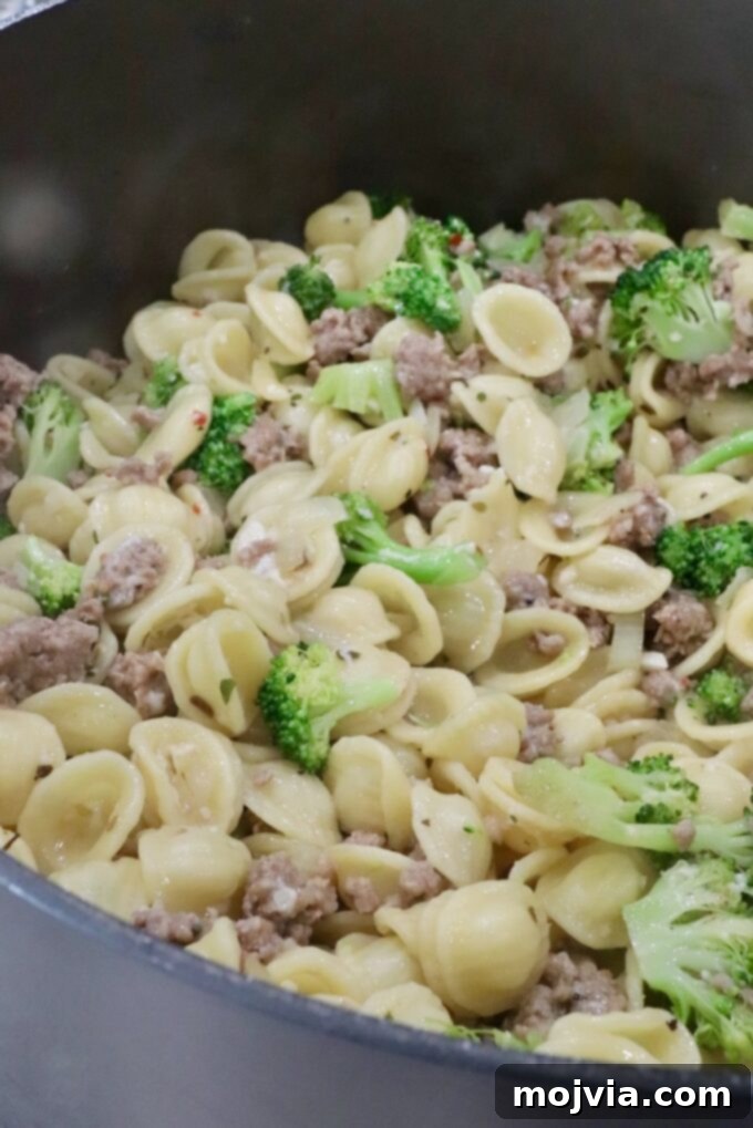 Savory Sausage and Broccoli Orecchiette 9 cooked pasta with broccoli and sausage in a large pot