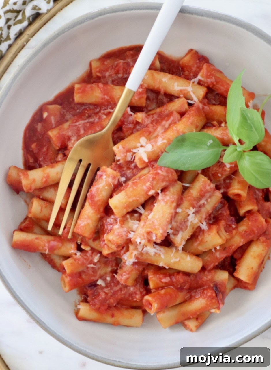 Fiery Nduja Tomato Sauce 8 A close-up of perfectly cooked ziti tossed with the vibrant tomato nduja sauce, nestled in a bowl with fresh basil leaves and a fork ready to dig in