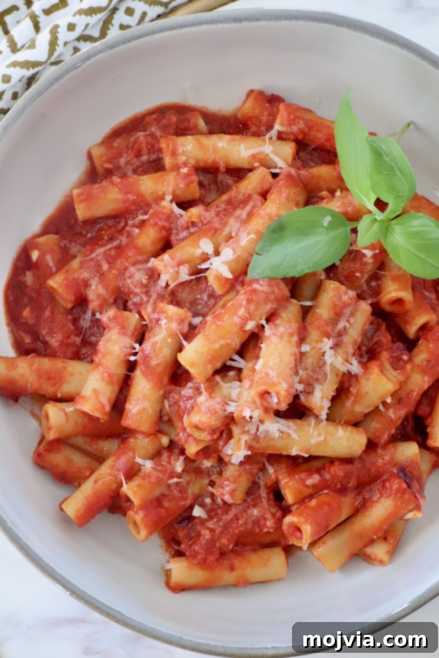 Fiery Nduja Tomato Sauce 9 A bowl of hot pasta coated in the spicy tomato nduja sauce, adorned with fresh basil, ready to be enjoyed