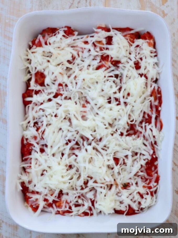 Cheesy Baked Stuffed Shells 9 stuffed shells topped with marinara sauce and shredded mozzarella cheese in a casserole dish
