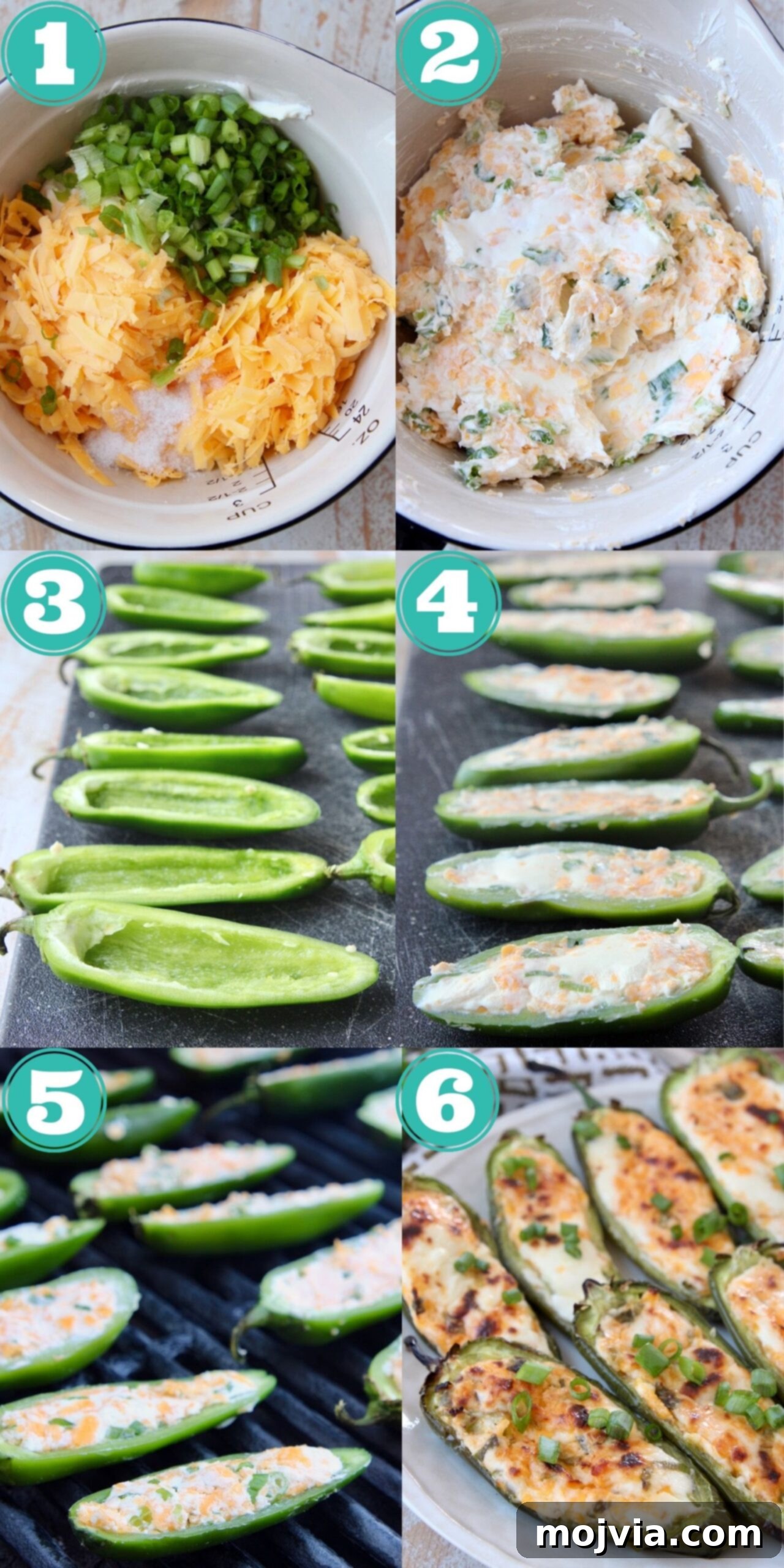 Smoky Cheesy Jalapeño Bites 4 Collage showing step-by-step process of making grilled jalapeno poppers: preparing peppers, mixing filling, stuffing, and grilling.