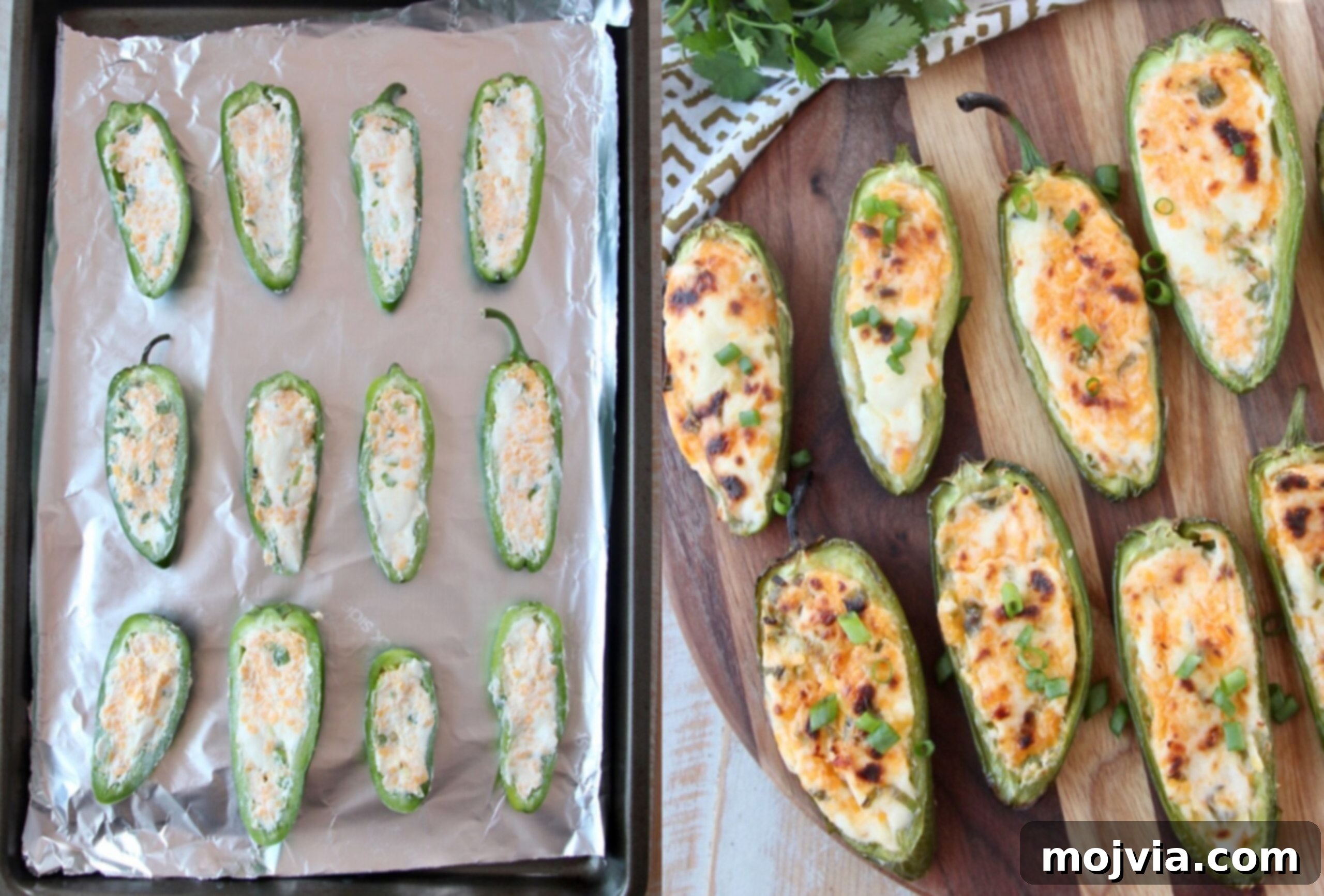 Smoky Cheesy Jalapeño Bites 5 Baked jalapeno poppers on a foil-lined baking sheet and arranged on a wooden cutting board, ready to eat.