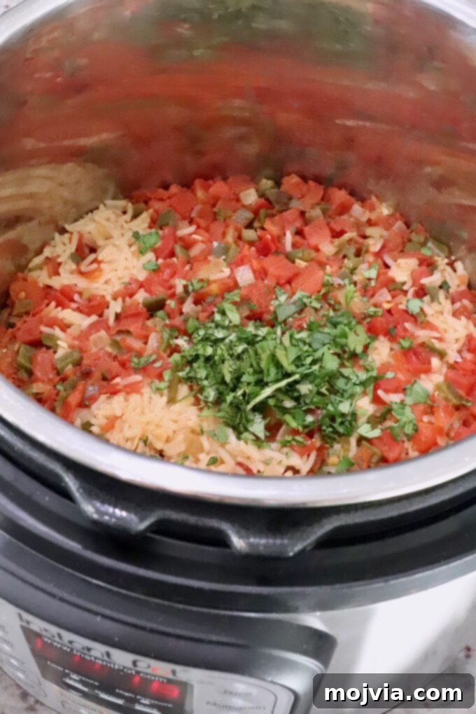 Speedy Instant Pot Mexican Rice 7 Fluffy cooked Mexican rice in an Instant Pot, topped with vibrant chopped fresh cilantro, ready to be fluffed
