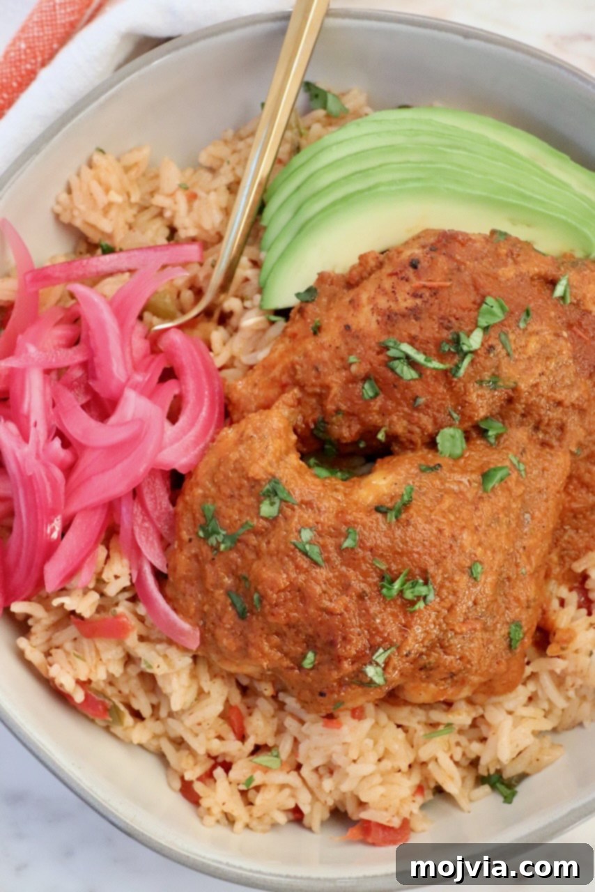 Mexican Chicken Adobo served over rice with avocado and pickled red onions