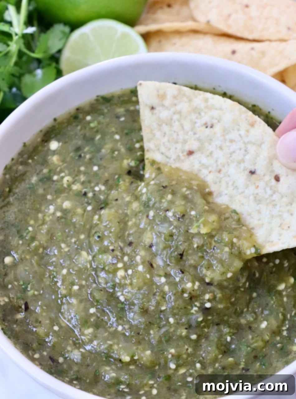Verde Zing Salsa 8 A crisp tortilla chip is dipped into a bowl of vibrant tomatillo salsa verde, ready to be enjoyed.