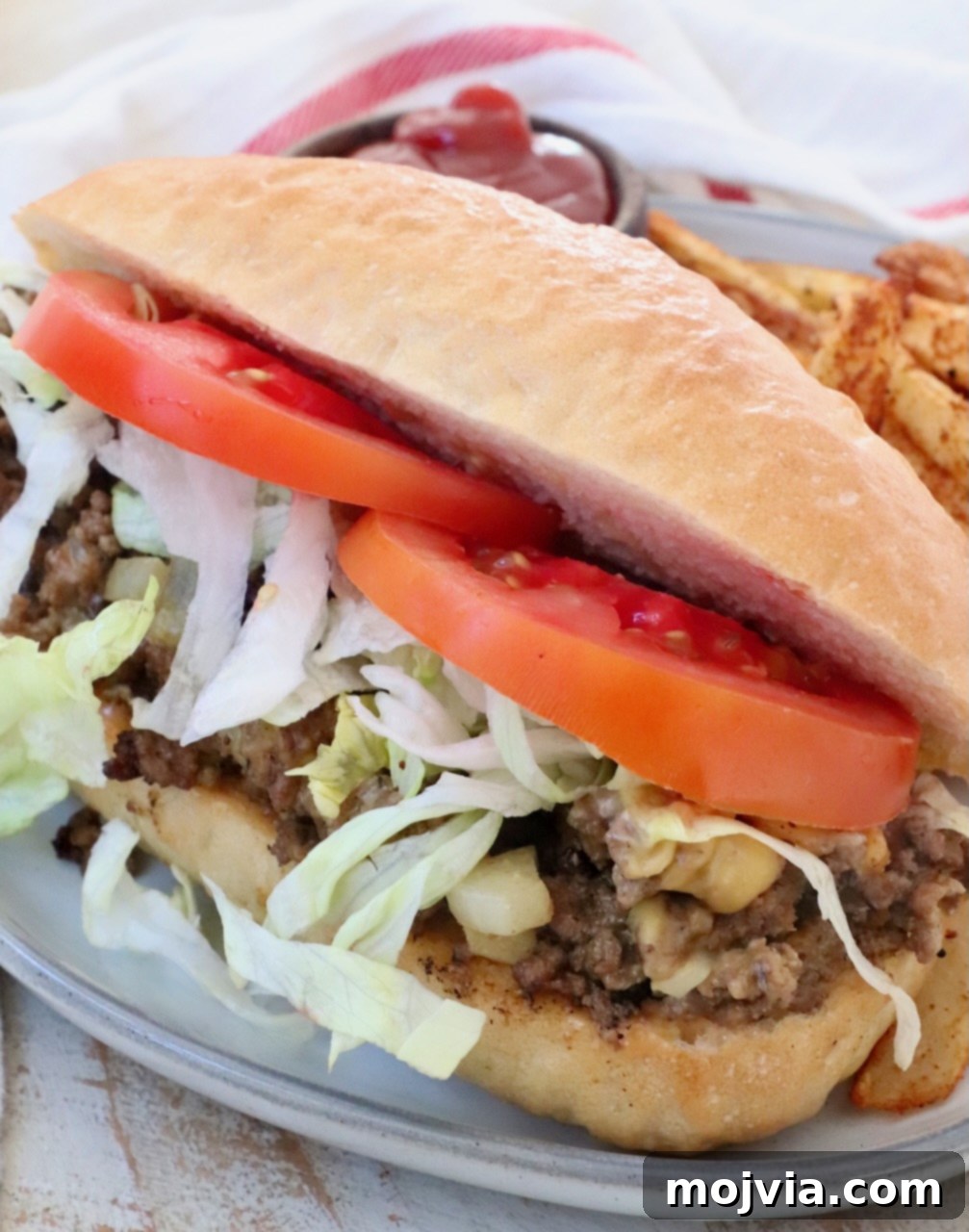 The Ultimate Chopped Cheese 7 A single chopped cheese sandwich served on a plate with crispy french fries