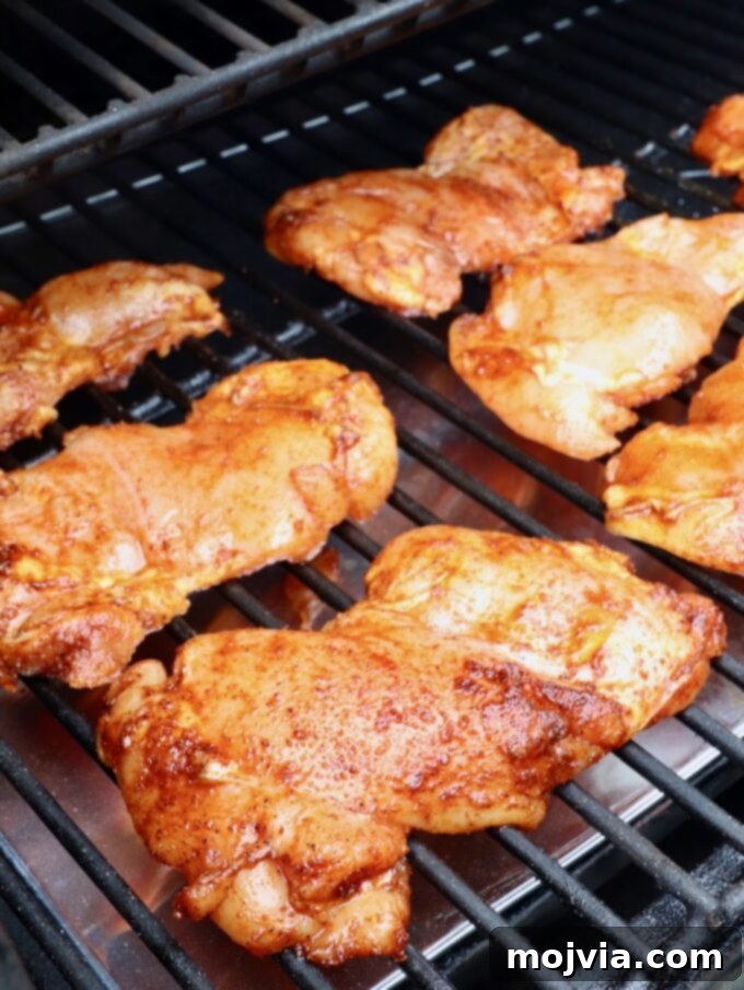 Perfectly Smoked Chicken Thighs 5 seasoned chicken thighs on a smoker