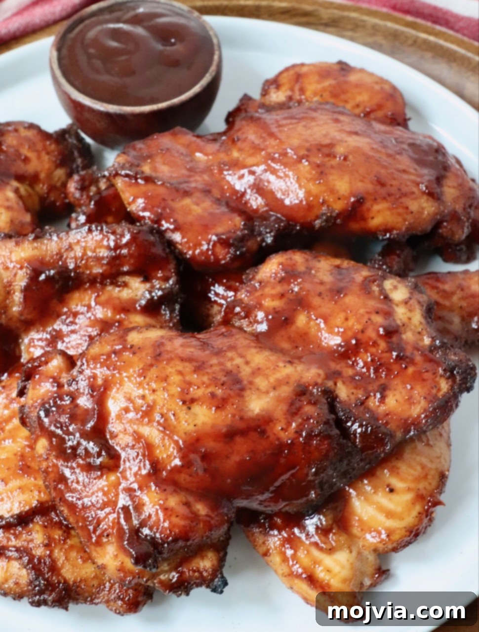 Perfectly Smoked Chicken Thighs 8 smoked chicken thighs stacked up on a plate with a small bowl of bbq sauce on the side