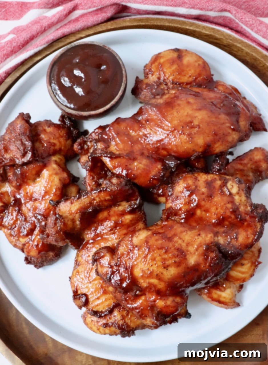 Perfectly Smoked Chicken Thighs 9 smoked chicken thighs stacked up on a plate with a small bowl of bbq sauce on the side