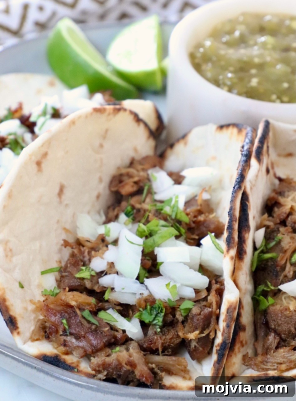 Pork Carnitas 9 shredded pork in tortillas on plate, topped with diced onions and fresh chopped cilantro
