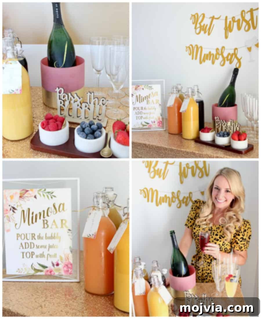 A visual collage illustrating the step-by-step process of setting up a delightful and inviting DIY mimosa bar for any gathering.