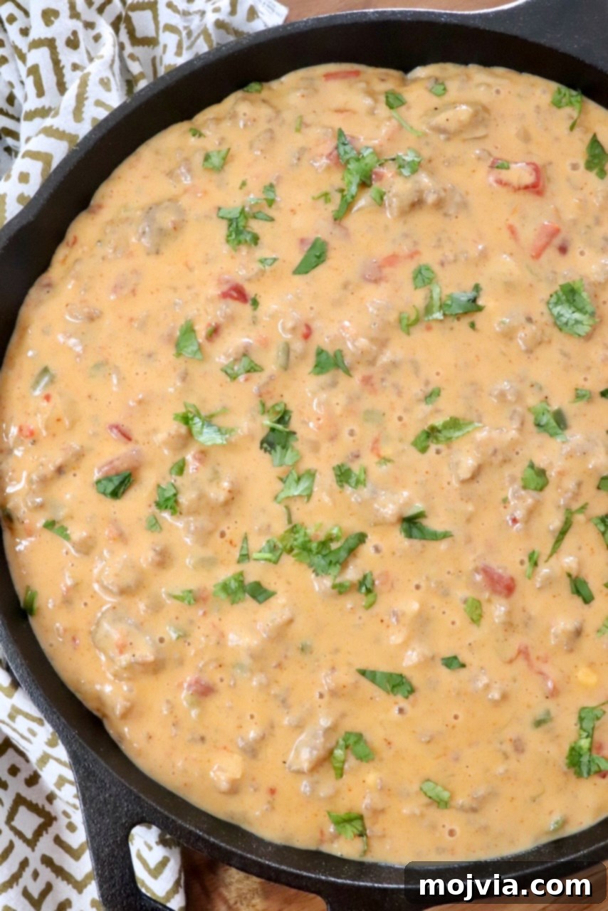 Creamy Smoked Queso 10 smoked queso in a skillet topped with fresh cilantro