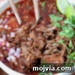 Shredded beef birria in a bowl with broth, ready to serve.