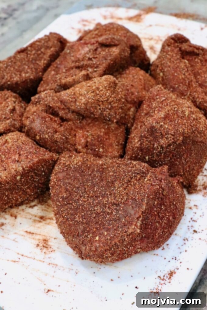 Mouthwatering Instant Pot Birria 4 Large chunks of beef chuck roast seasoned generously with birria seasoning, ready for searing.