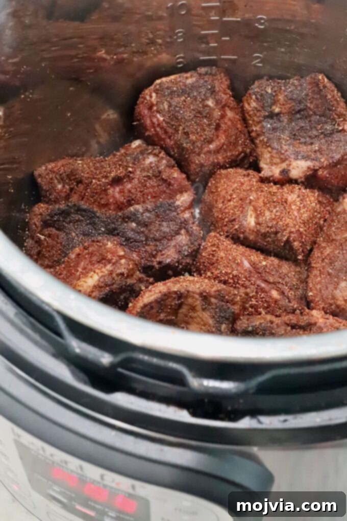 Mouthwatering Instant Pot Birria 5 Seared pieces of beef with a dark crust, cooked in the Instant Pot, showing the browning process.