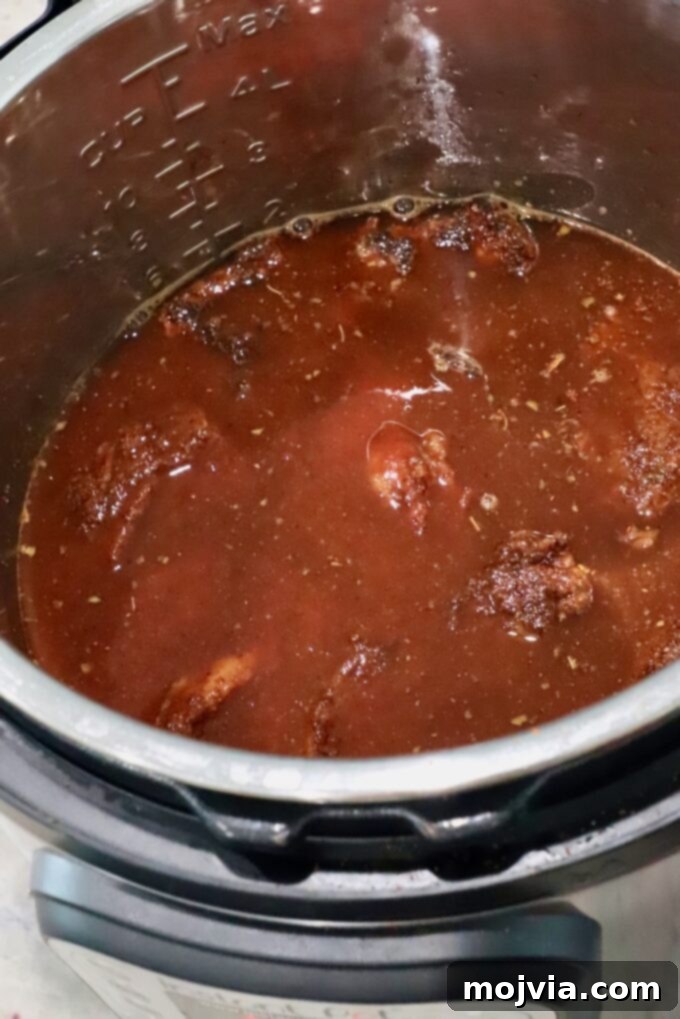 Mouthwatering Instant Pot Birria 7 Beef submerged in the birria liquid within the Instant Pot, preparing for the lid to be sealed and pressure cooking to begin.