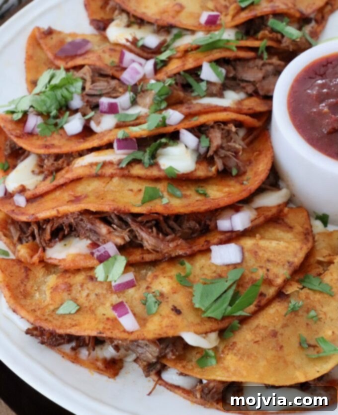 Mouthwatering Instant Pot Birria 8 Plate of quesabirria tacos with a small bowl of birria consommé for dipping, garnished with cilantro and onions.
