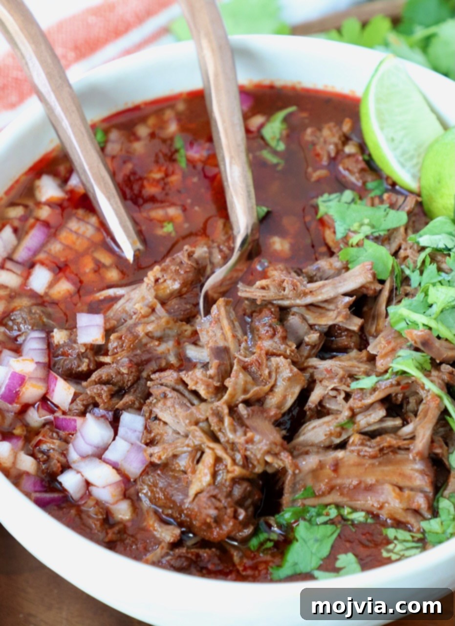 Mouthwatering Instant Pot Birria 10 Close-up of shredded birria beef submerged in its rich broth, ready to be served or used in various dishes.