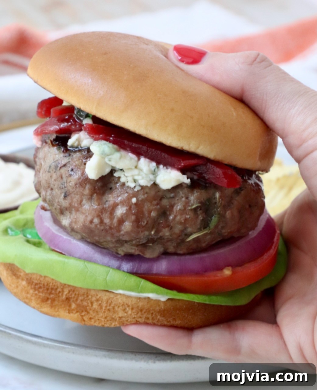 Perfect Lamb Rub 4 hand holding a perfectly seasoned and grilled lamb burger over a serving plate