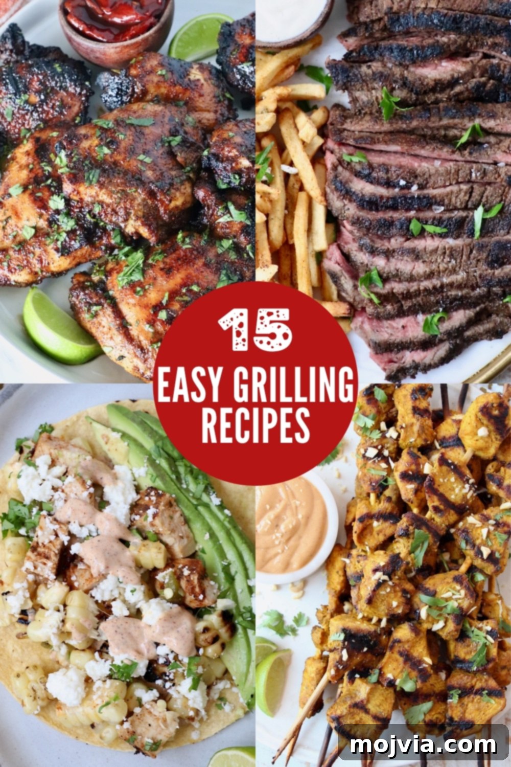 A vibrant collage showcasing diverse grilled dishes: juicy grilled chicken, perfectly sliced steak, savory tacos, and enticing chicken skewers, all ready to delight.