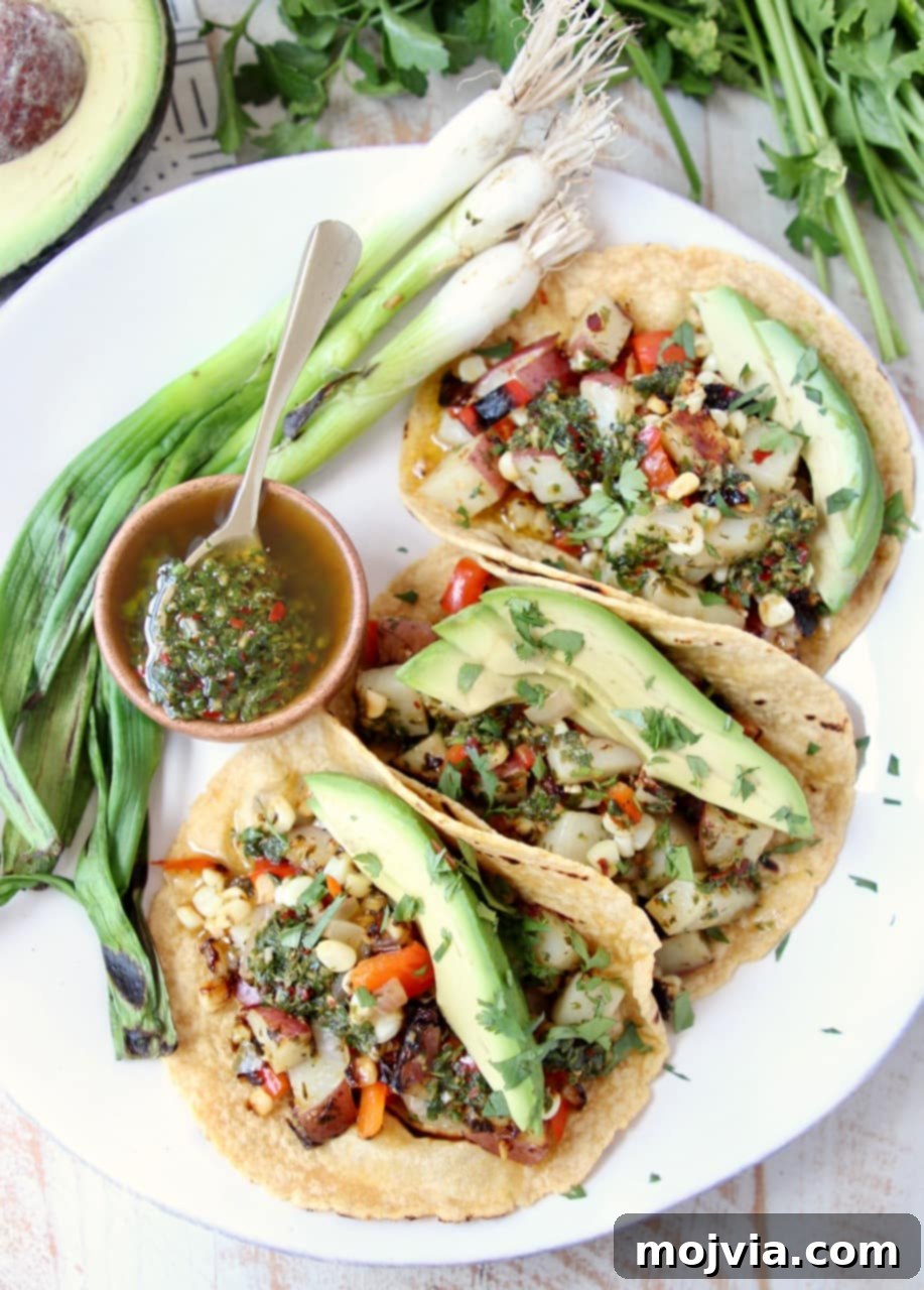 Vibrant Vegan Tacos brimming with perfectly grilled vegetables, drizzled with zesty Chimichurri Sauce, and adorned with fresh avocado slices.