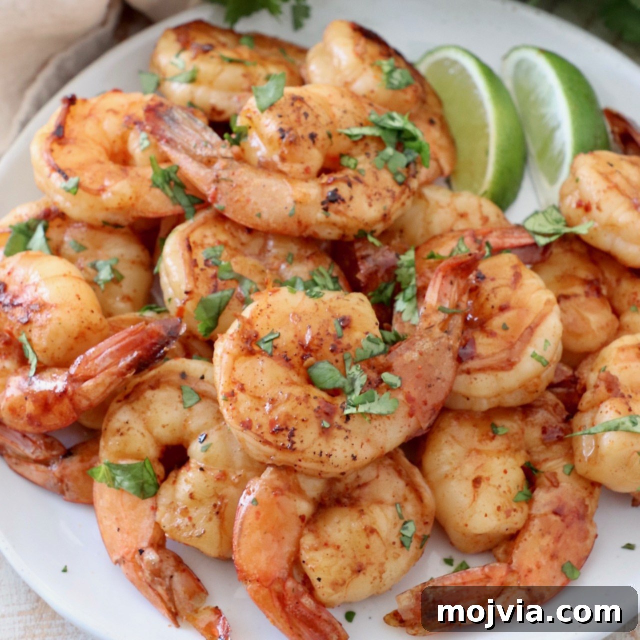 A generous pile of perfectly cooked shrimp on a plate, elegantly arranged with fresh lime wedges, highlighting a delicious grilled seafood dish.