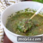 cilantro chimichurri sauce in a bowl with a spoon