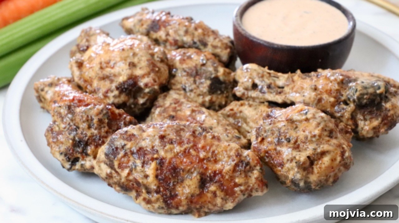 A plate of freshly sauced Cajun chicken wings, accompanied by a small bowl of creamy Cajun dipping sauce, ready to be enjoyed.