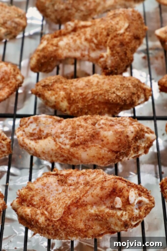 seasoned raw chicken wings on a wire rack on top of a baking sheet