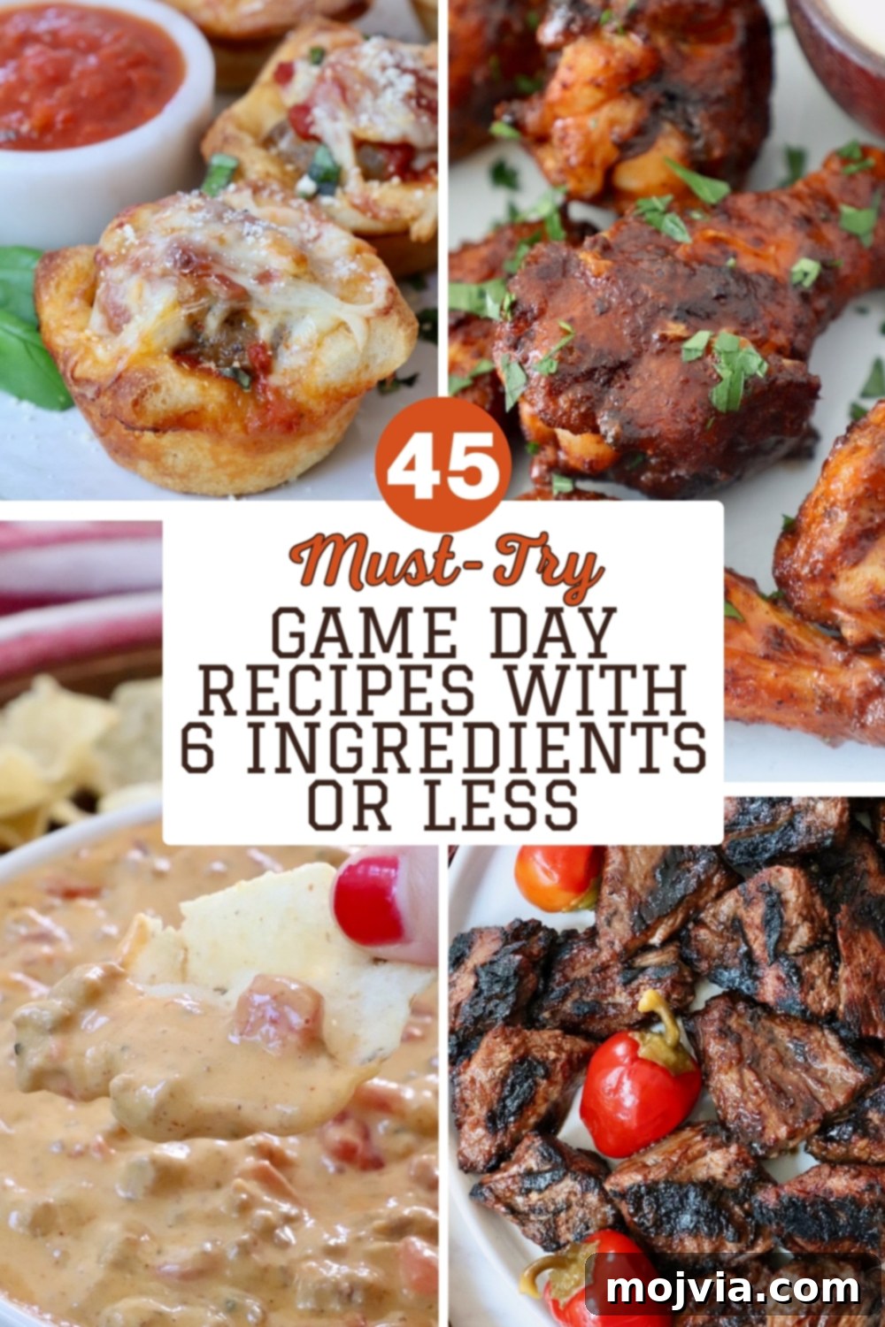 Kickoff Kitchen: 6-Ingredient Wins 2 Close-up of four images including meatball sub bites, spicy chicken wings, creamy cheese dip, and grilled steak with cherry peppers. Bold text overlay reads "45 Must-Try Game Day Recipes with 6 Ingredients or Less."
