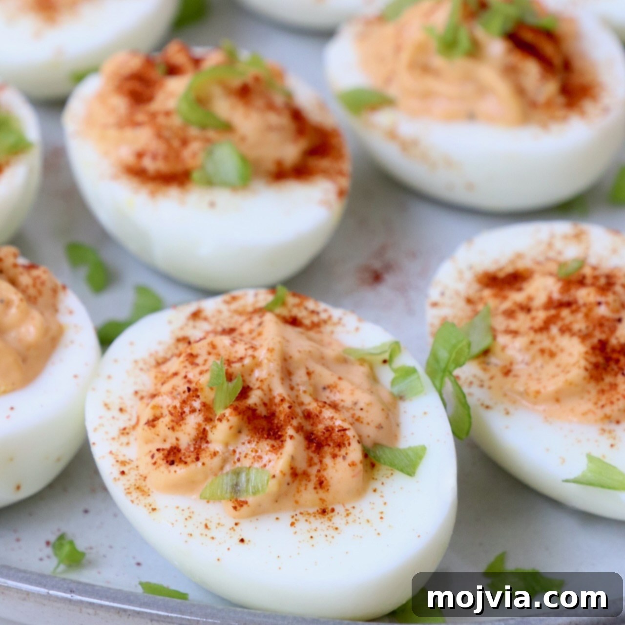 buffalo deviled eggs on a plate