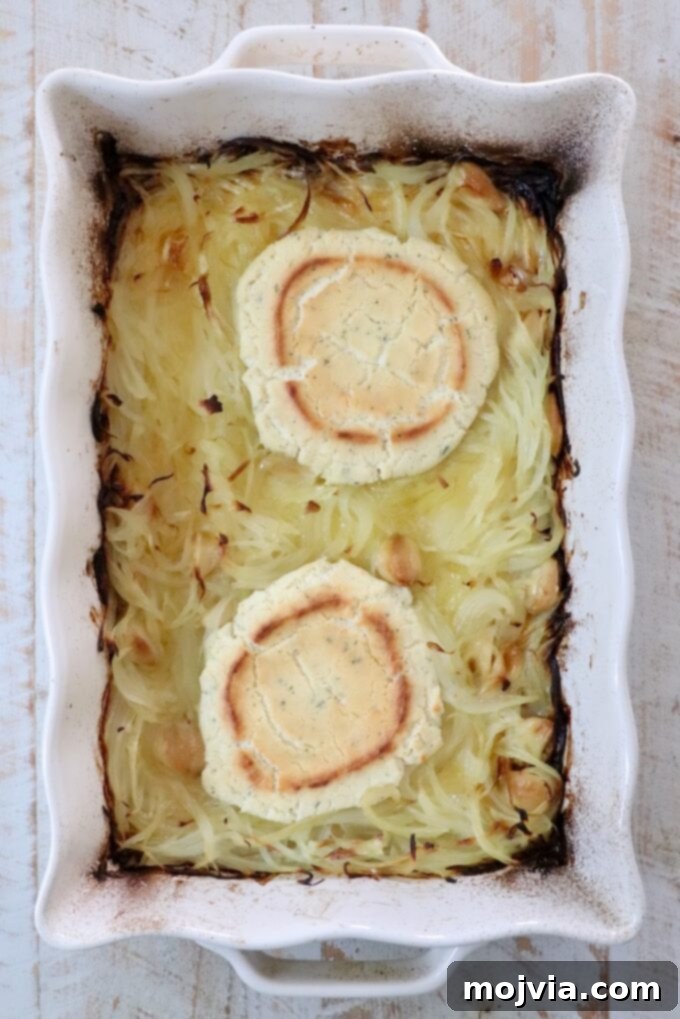Golden French Onion Boursin Pasta 6 baked rounds of boursin cheese and caramelized onions in a white casserole dish