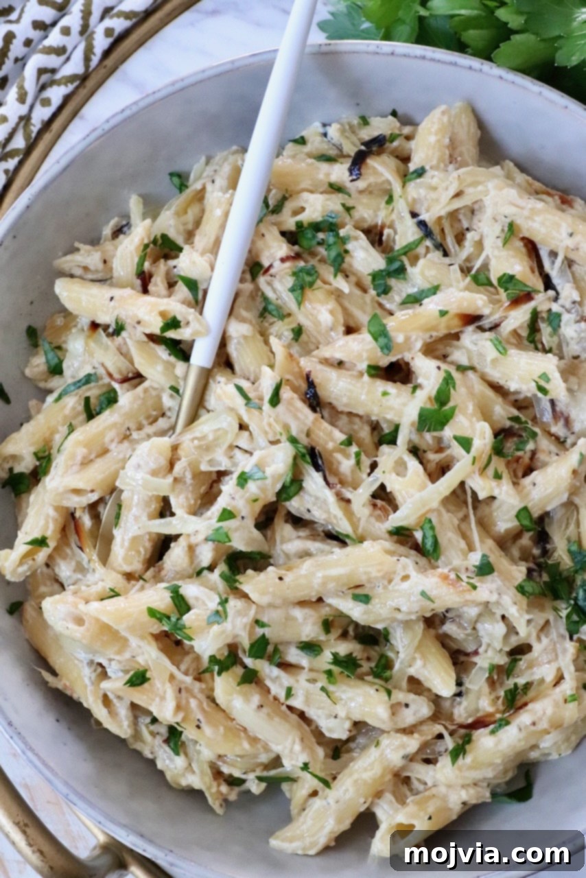 Golden French Onion Boursin Pasta 8 cooked penne pasta in a creamy sauce in a bowl with a fork