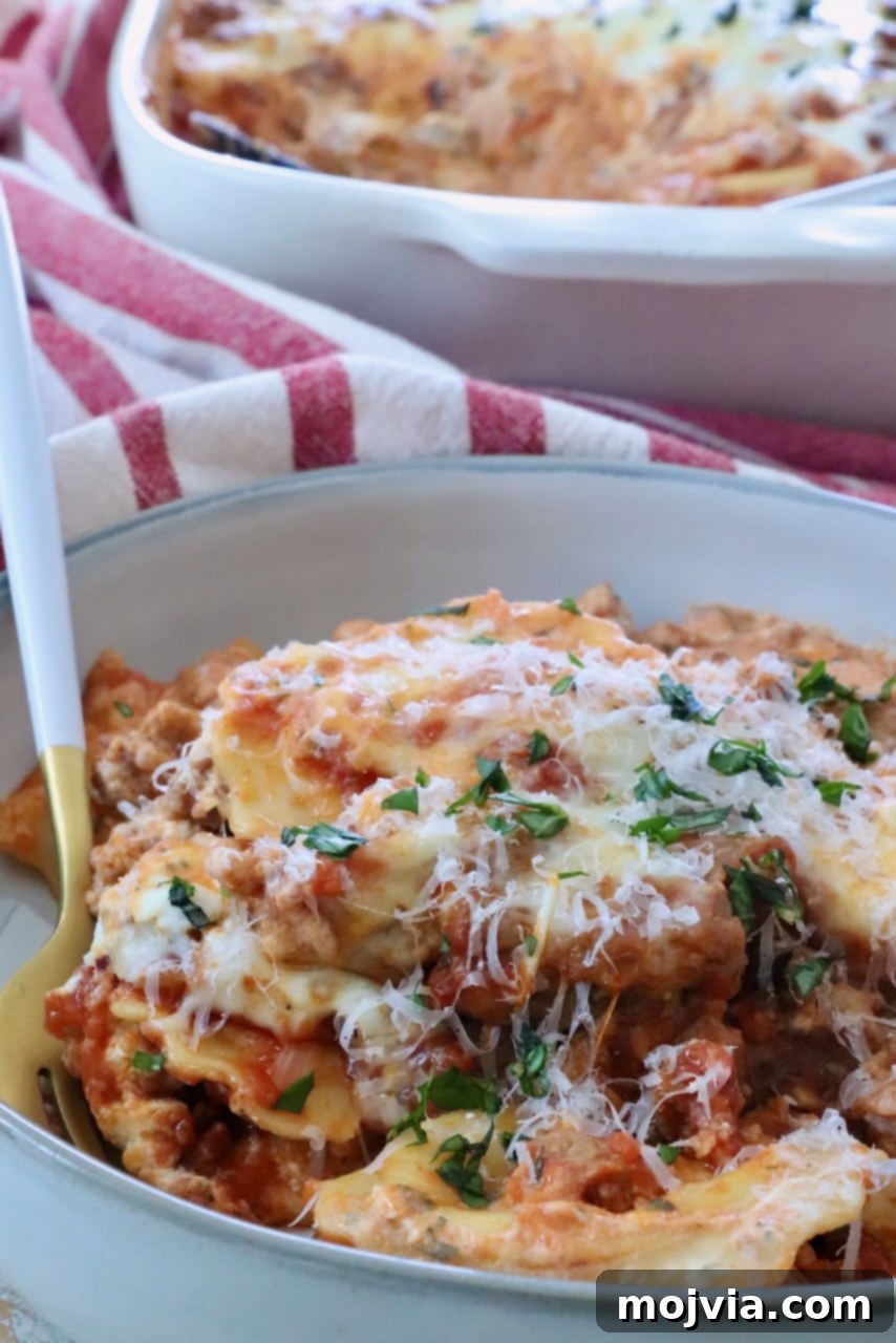 Cheesy Baked Ravioli Delight 11 Close-up of a plate of baked ravioli with melted cheese, garnished with fresh herbs. Behind it, a red-striped cloth and a white casserole dish.